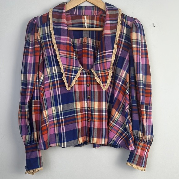 Free People Bexley Balloon Sleeve Plaid Top Relaxed Oversize Fit XS Button Front - Picture 2 of 16